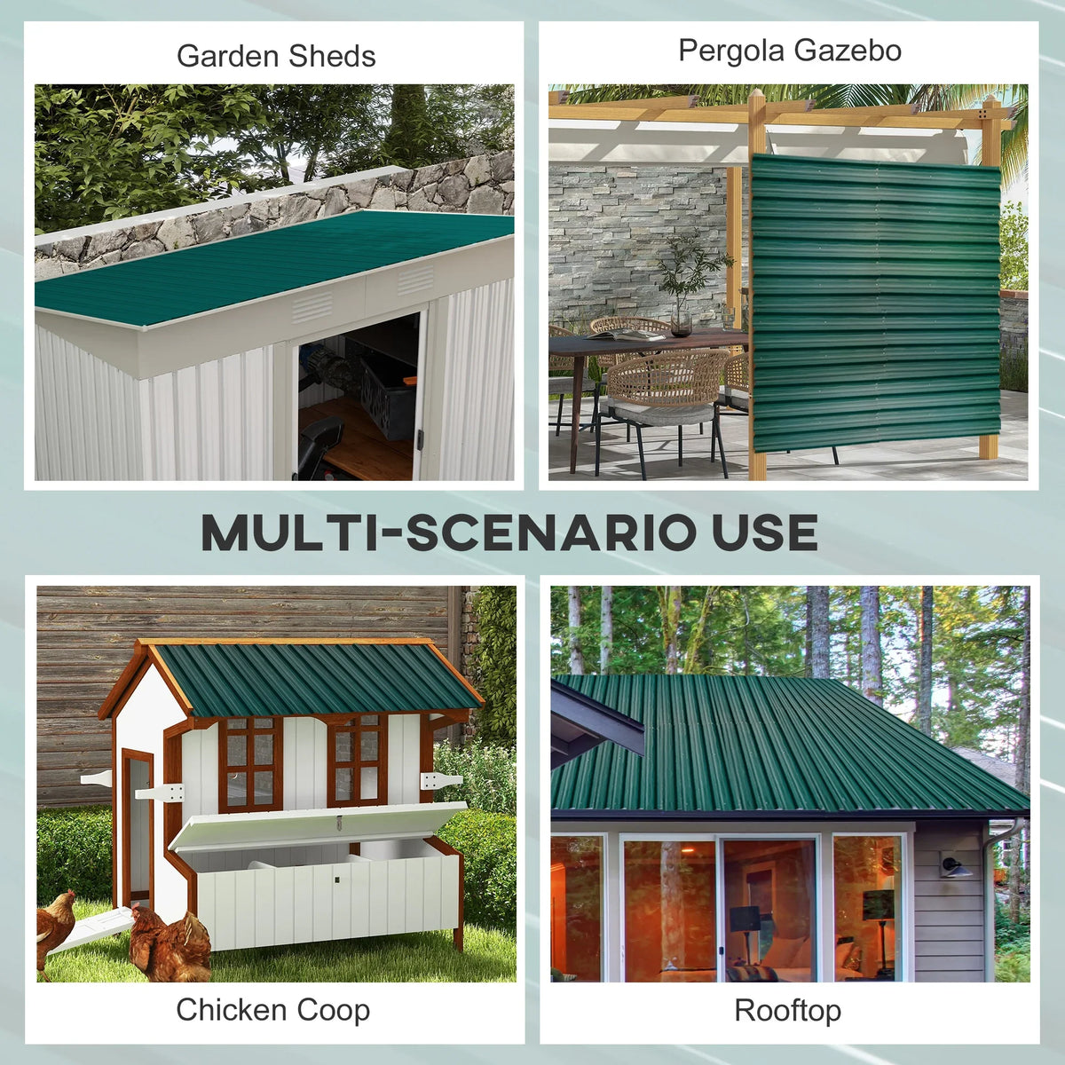 Green corrugated roof panels shown for garden shed, pergola, chicken coop, and rooftop