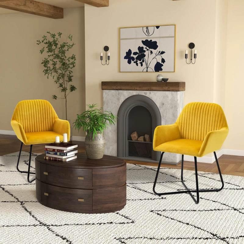 Set of 2 modern accent chairs in yellow velvet-touch with black sled metal bases