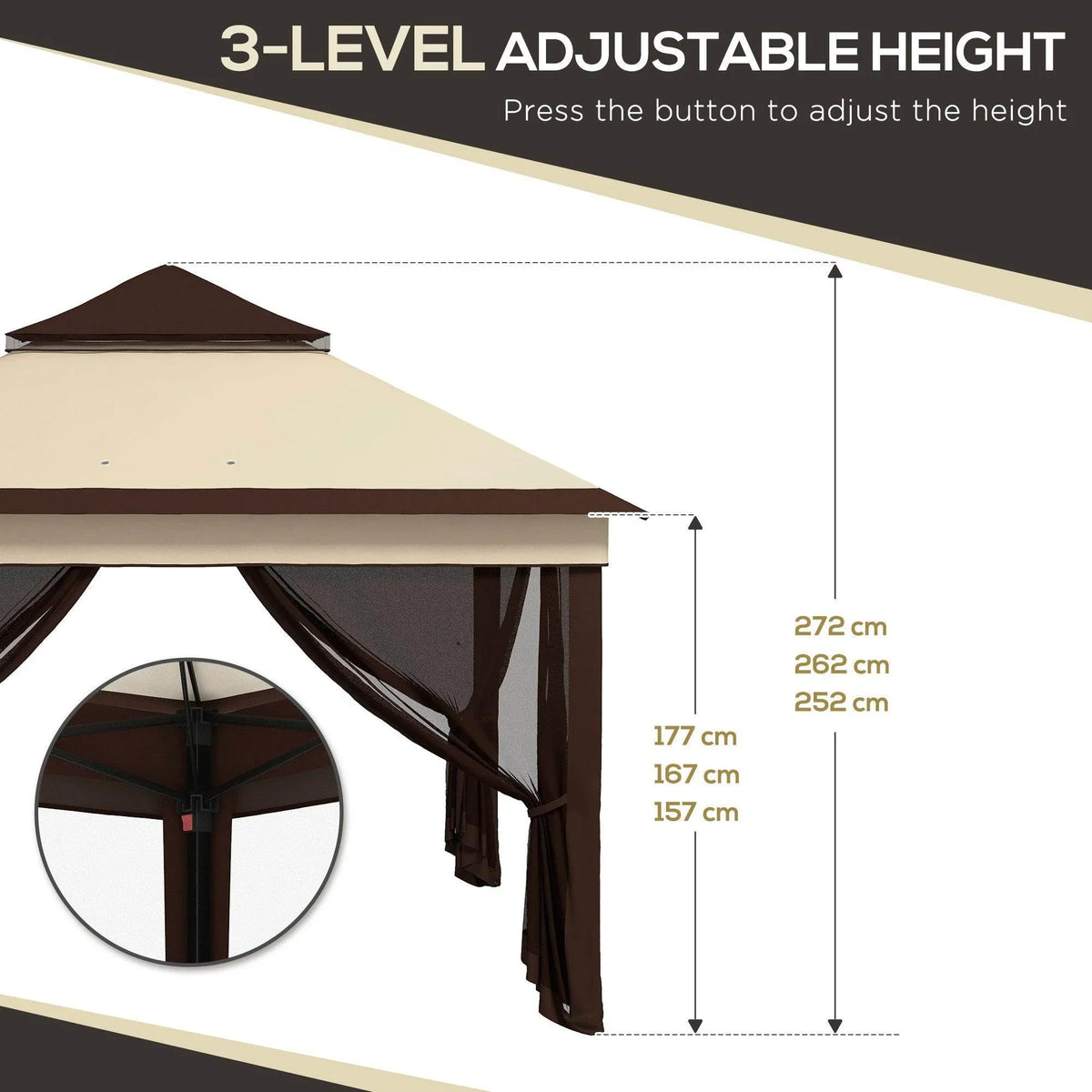 Beige gazebo canopy with dark brown side curtains and adjustable height legs (3 levels)