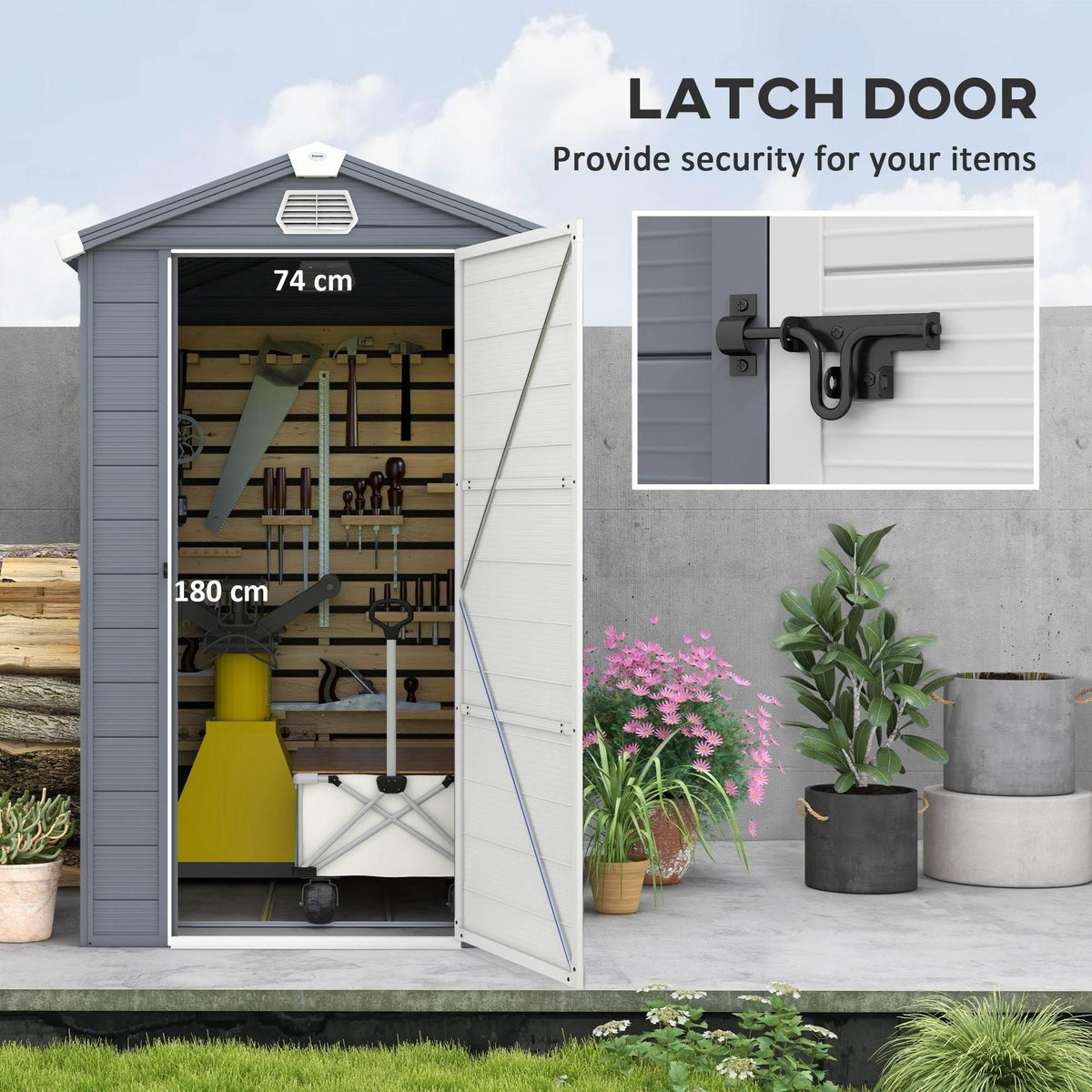 Grey outdoor storage shed with latch door and open interior shelves for tools