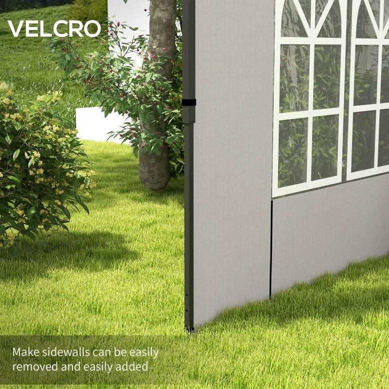 White gazebo side panel with arched window grid and hook-and-loop fastening