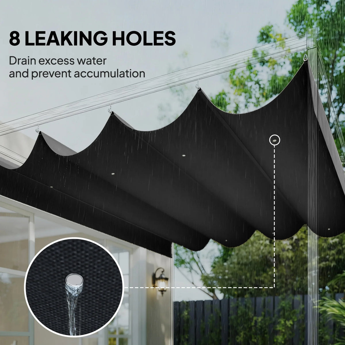 Dark grey retractable pergola canopy replacement cover with drainage holes design