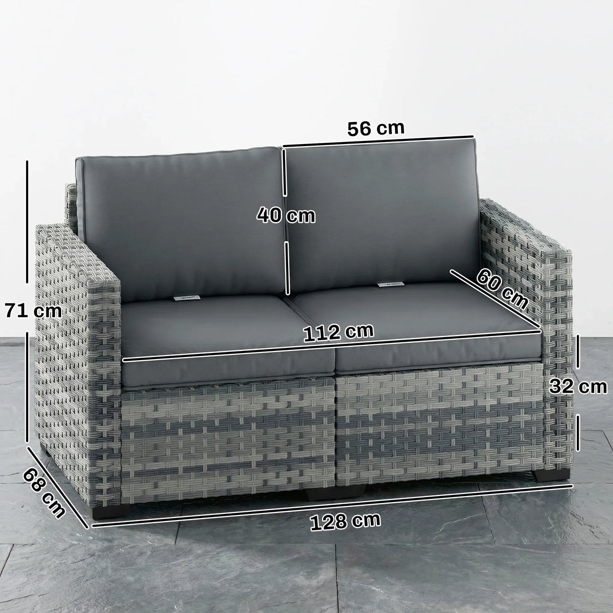 Gray woven rattan 2-seater loveseat with dark seat and back cushions