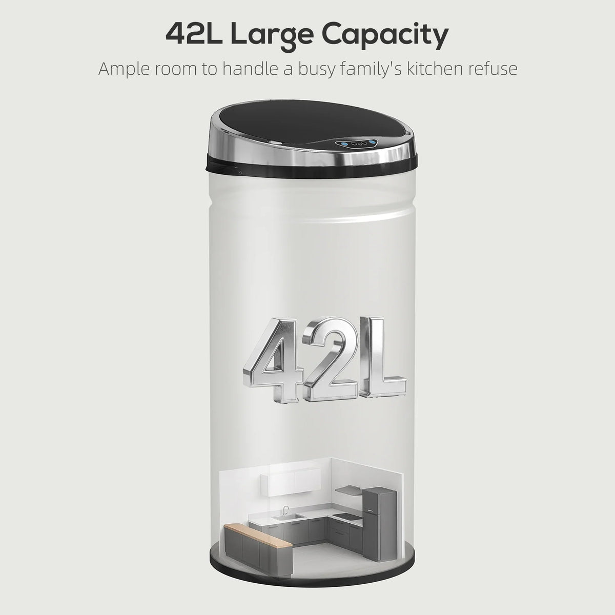 Stainless steel 42 L trash can with black lid and embossed 42L marking