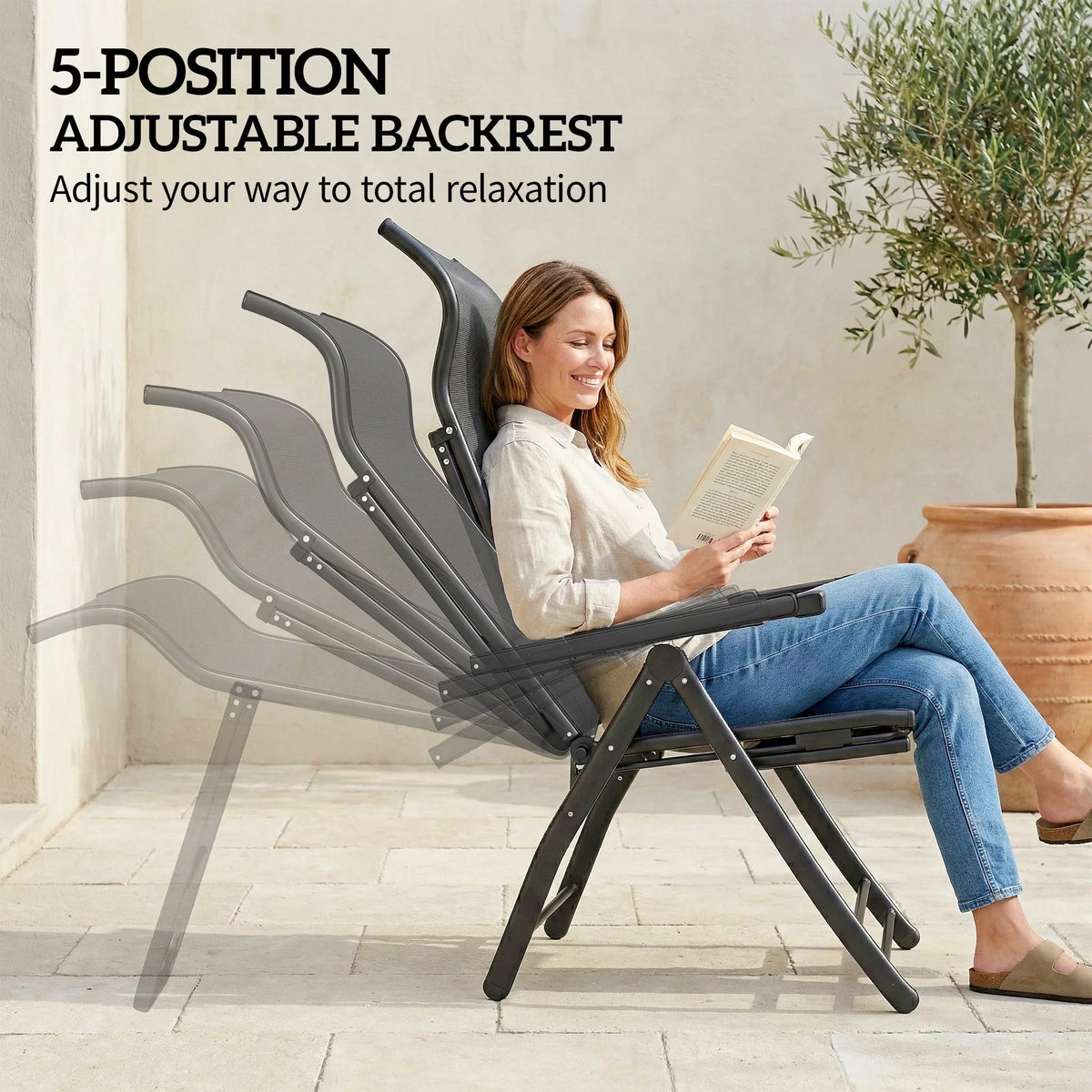 Dark grey 5-position reclining garden chair with adjustable high back