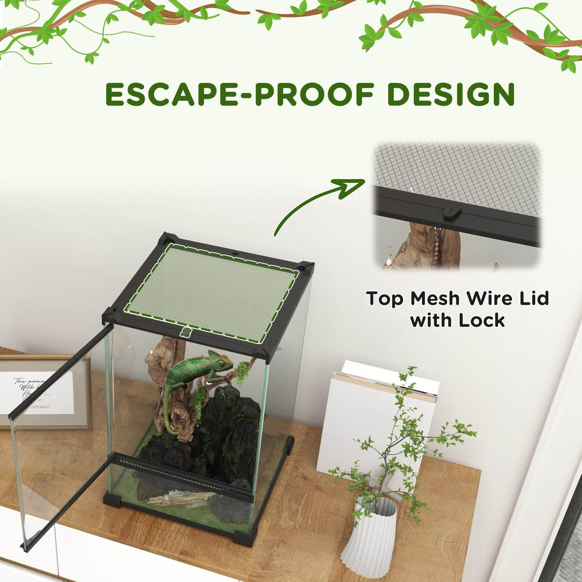 Glass reptile terrarium with black base and top mesh lid with locking design