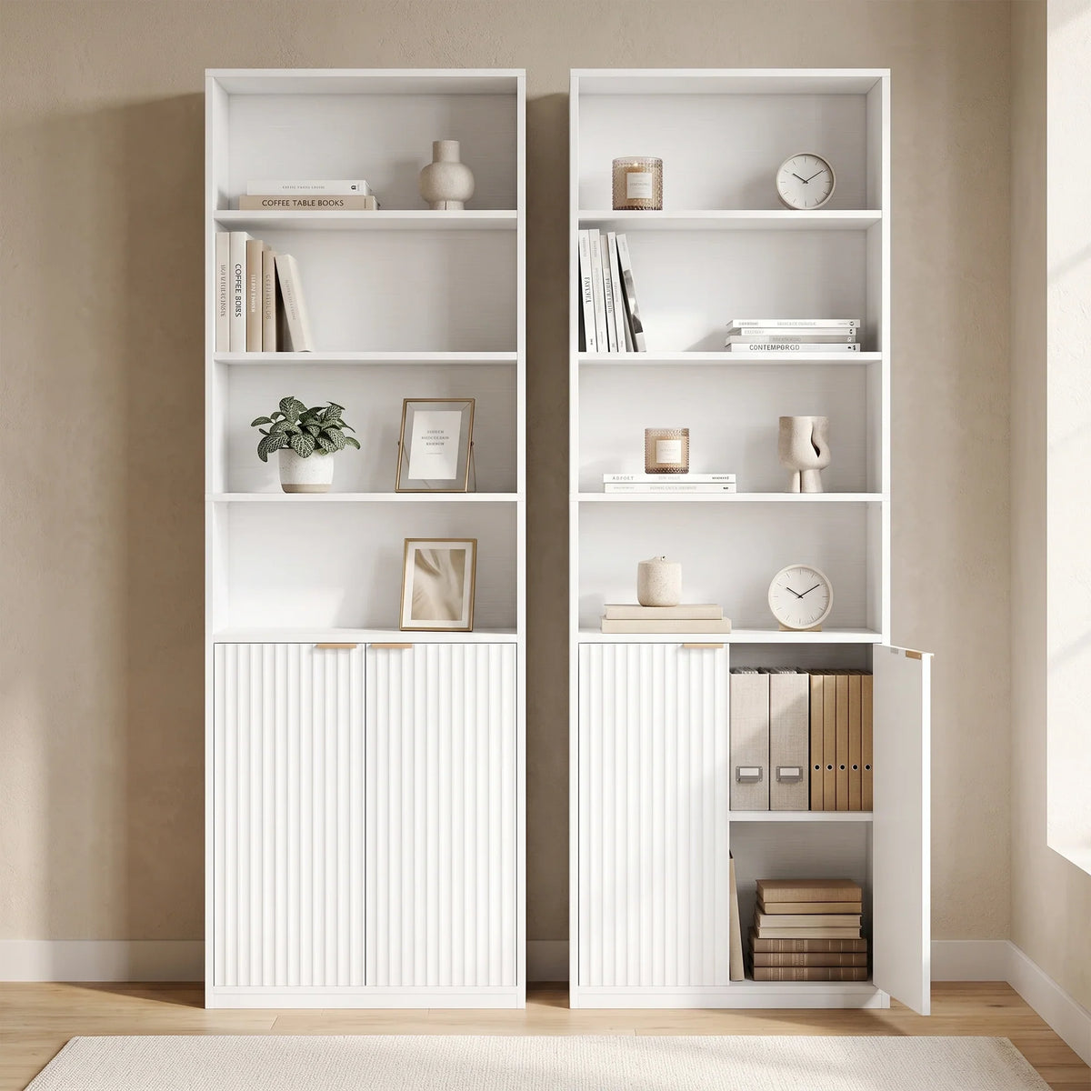 Pair of open compartments in a white tall bookcase with ribbed double doors.