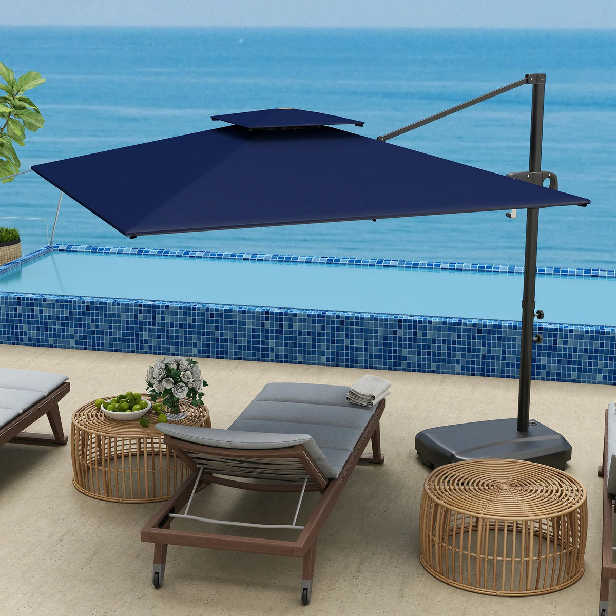 Dark blue double-top cantilever patio parasol with tilt and tall support pole