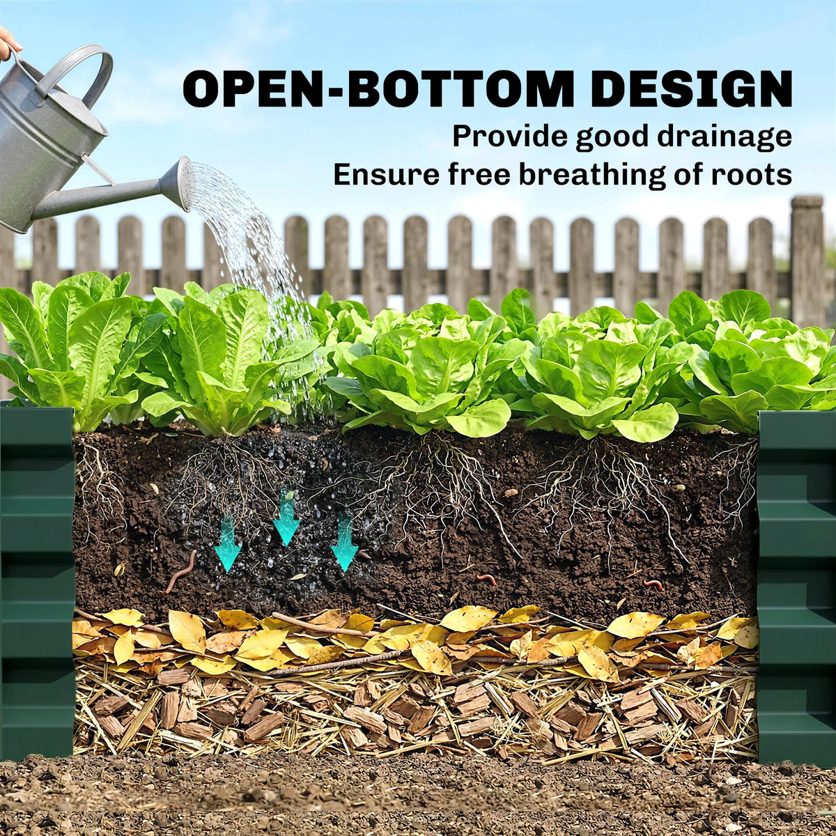 Green open-bottom steel raised planter box with drainage layer and soil inside