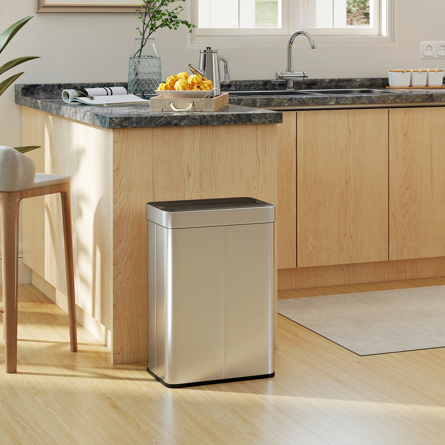 HOMCOM 55L Sensor Bin Large Automatic Touchless Rubbish Bin With Soft Close Lid Silver Tone