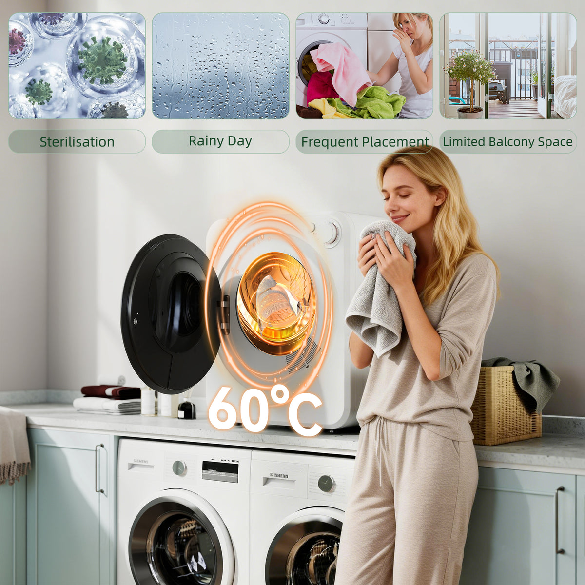 White portable laundry dryer with warm airflow glow through door window