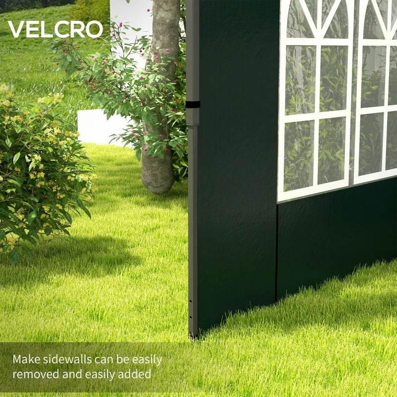 Green gazebo side wall corner panel with white arched window insert and hook fastener edge