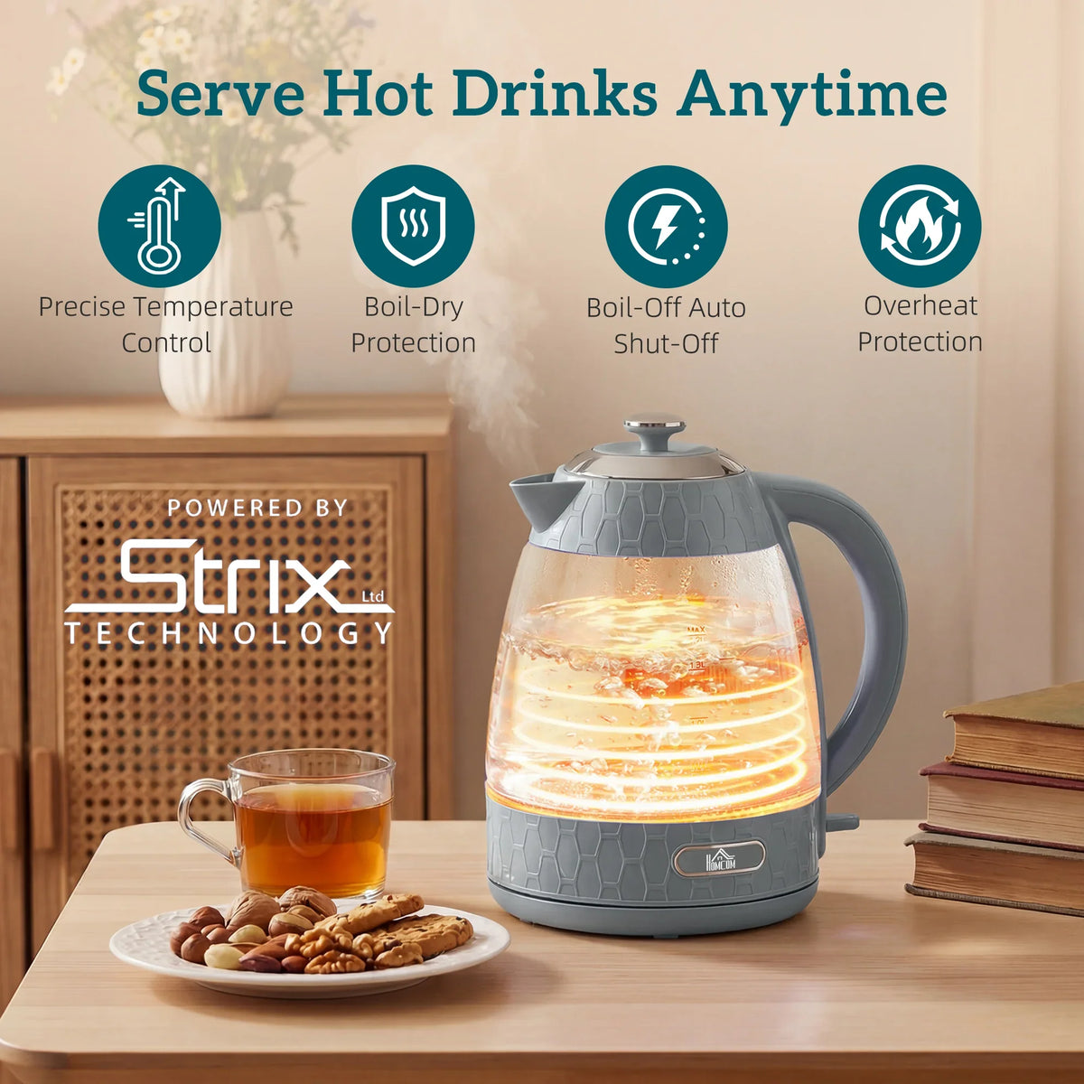 Grey glass kettle with Strix temperature control and visible heating element