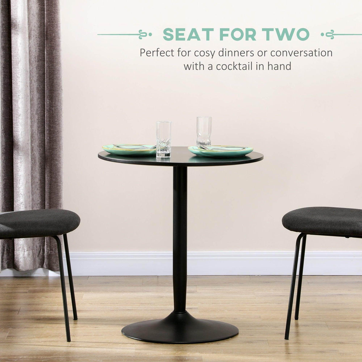 Black round small dining table with pedestal steel base for two