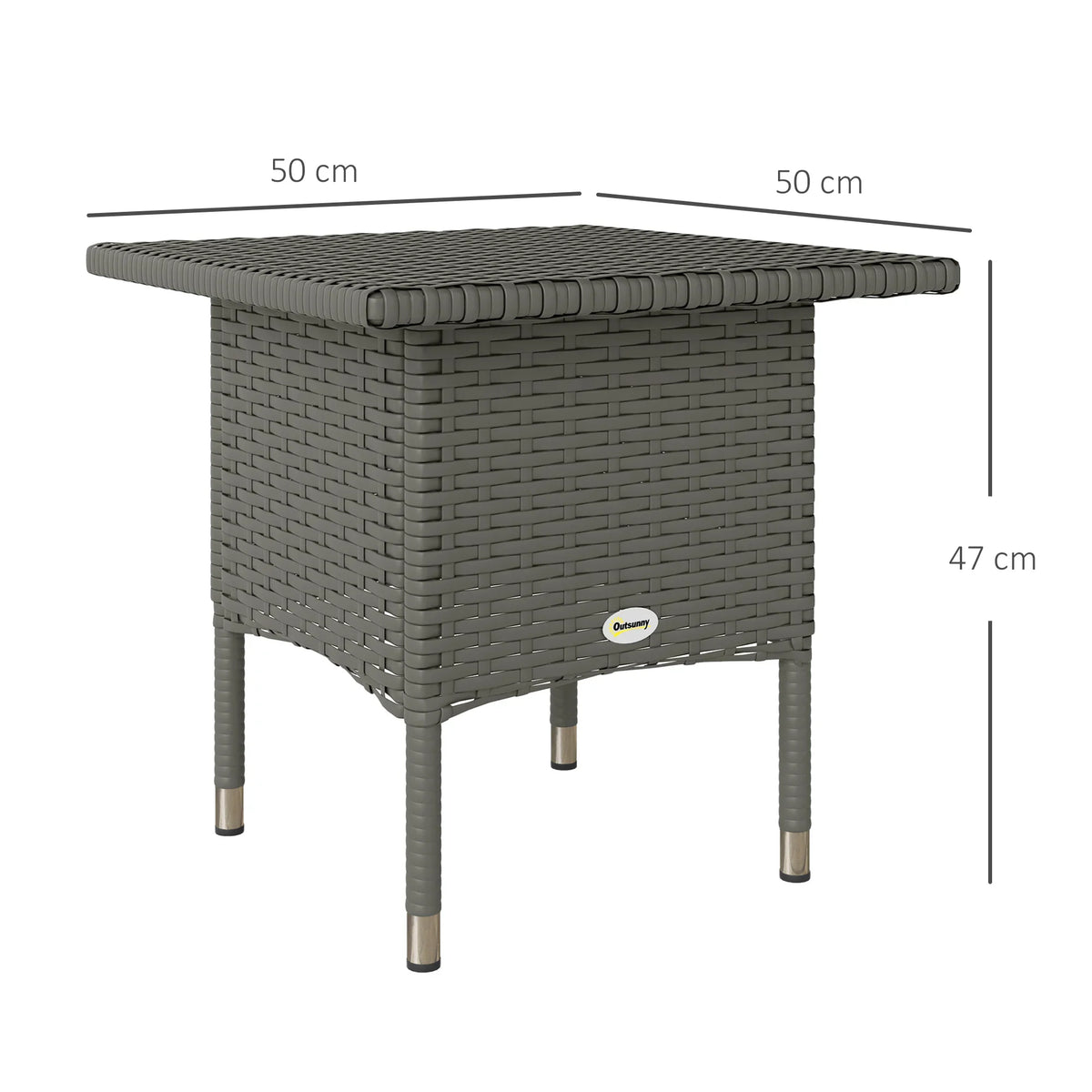Grey square rattan side table with woven top, curved sides, and four legs