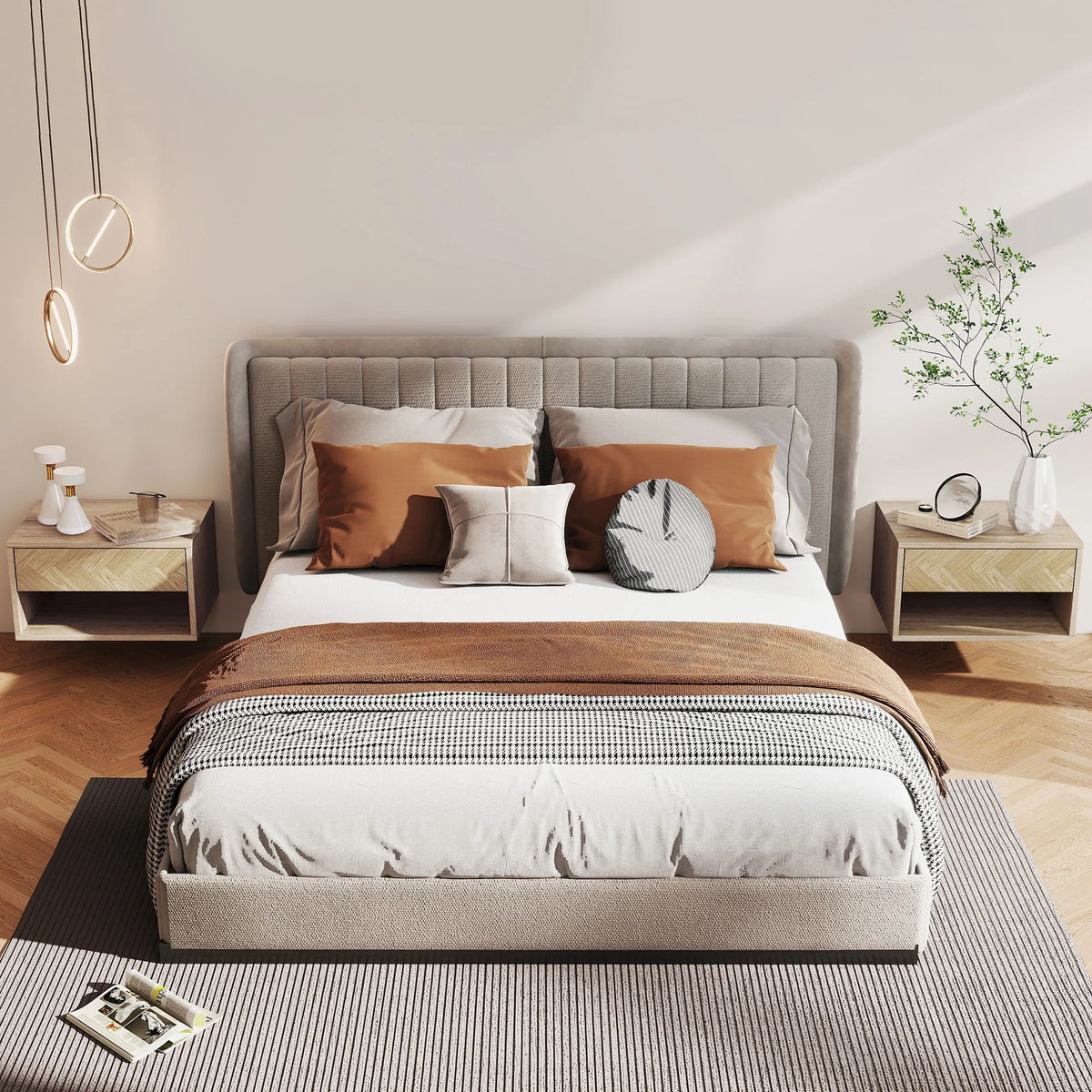 Set of two natural wood floating bedside tables with drawer and open shelf