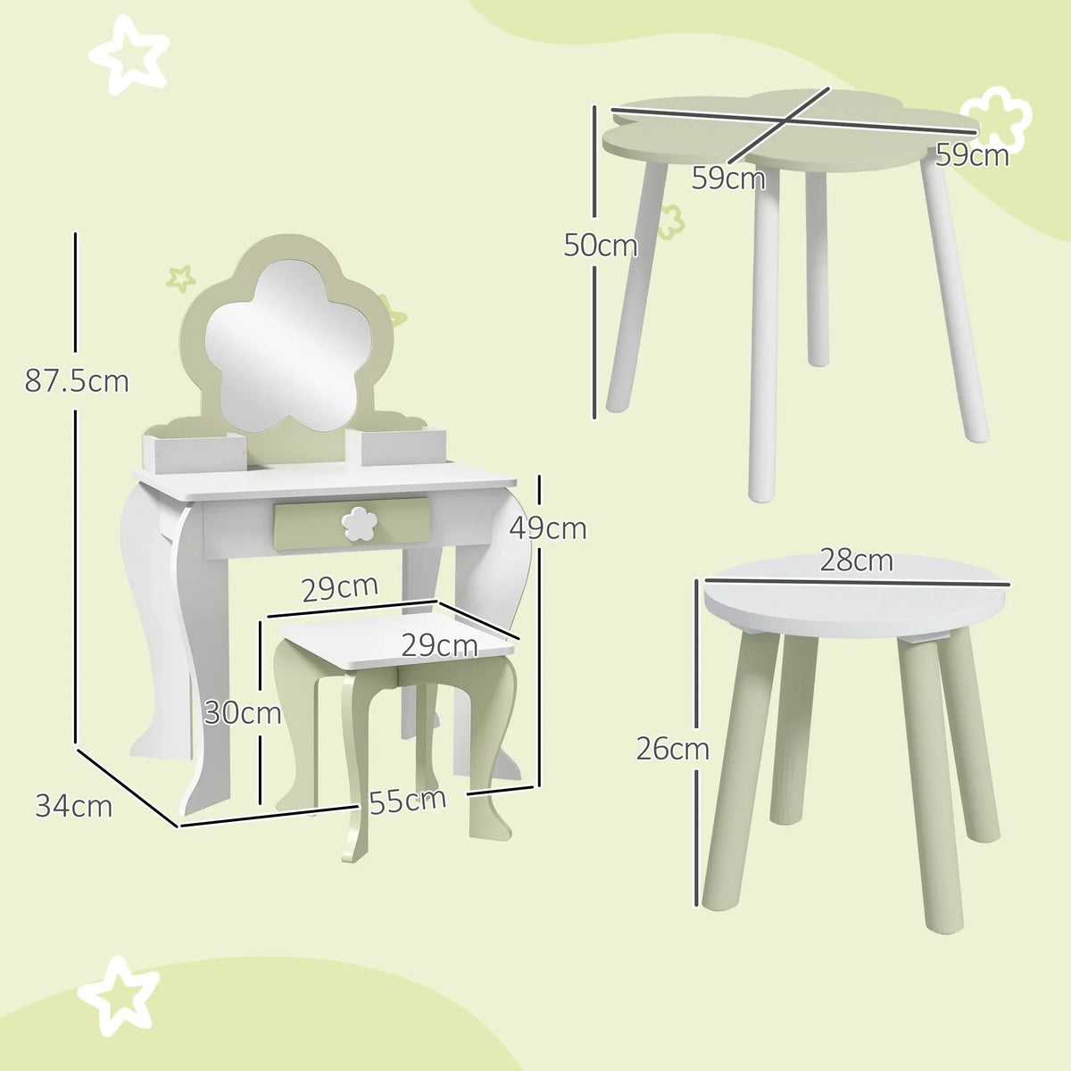 Kids vanity table set size diagram: tabletop, vanity cabinet, and matching stools