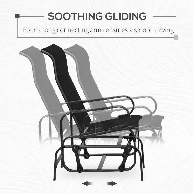 Black gliding rocking chair with mesh seat and backrest, supported by connecting arms