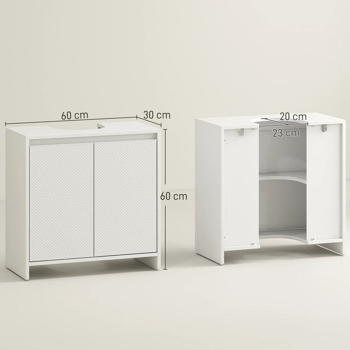 White U-shaped under-sink cabinet, two-door base with exposed interior
