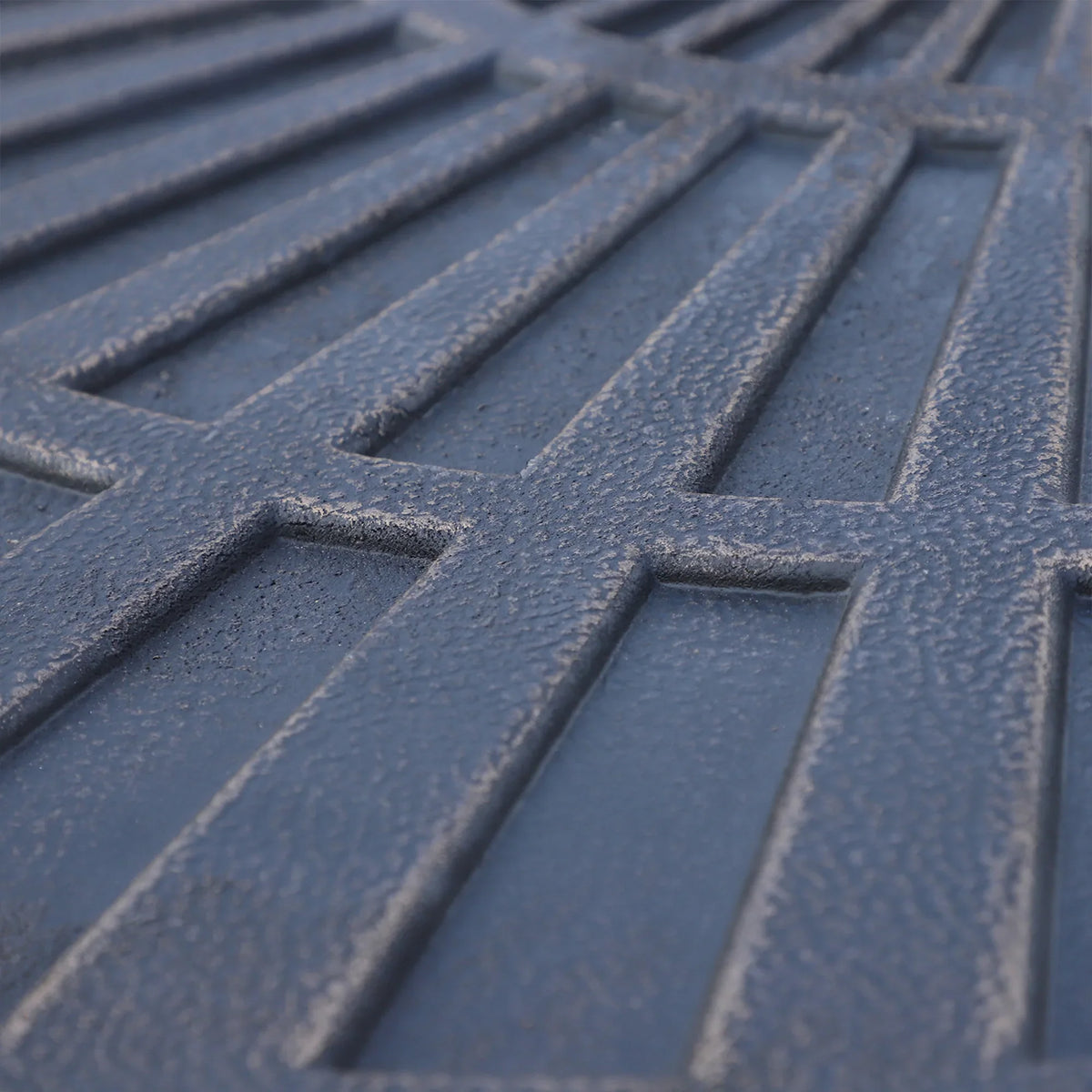 Close-up of dark blue textured resin umbrella base with raised fan grooves