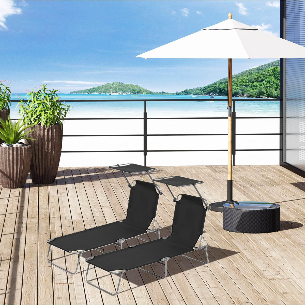 Outsunny black folding sun lounger set with adjustable canopy and reclined seats