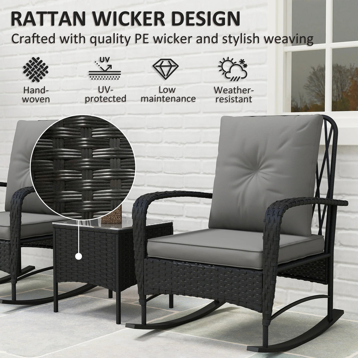Black rattan wicker rocking chair with gray cushion and woven side detail