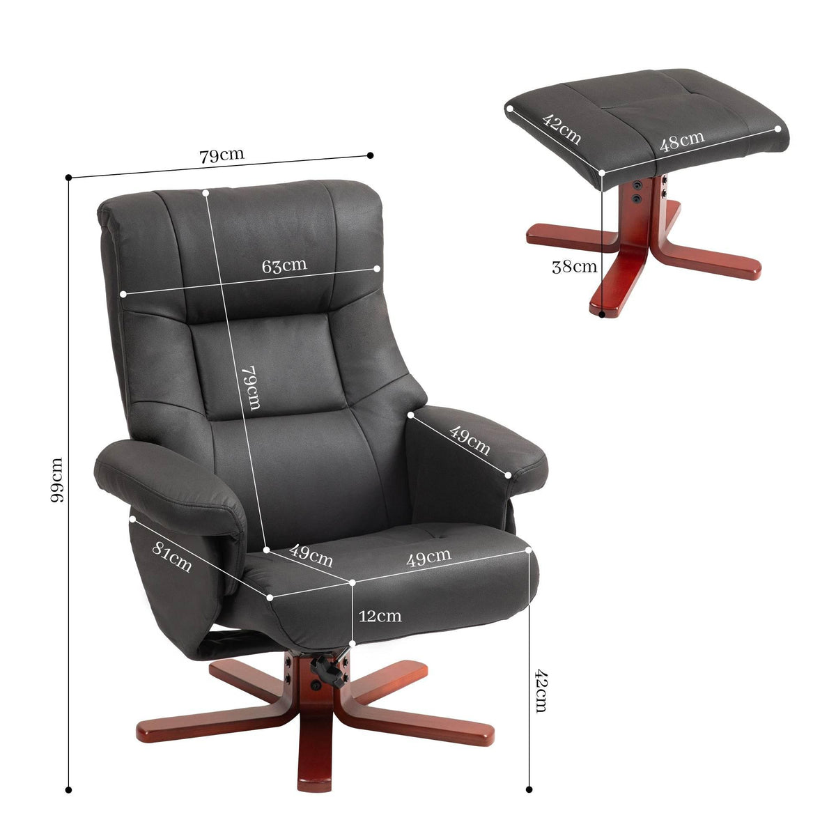 Black recliner chair with red cross base and footstool, showing size measurements.