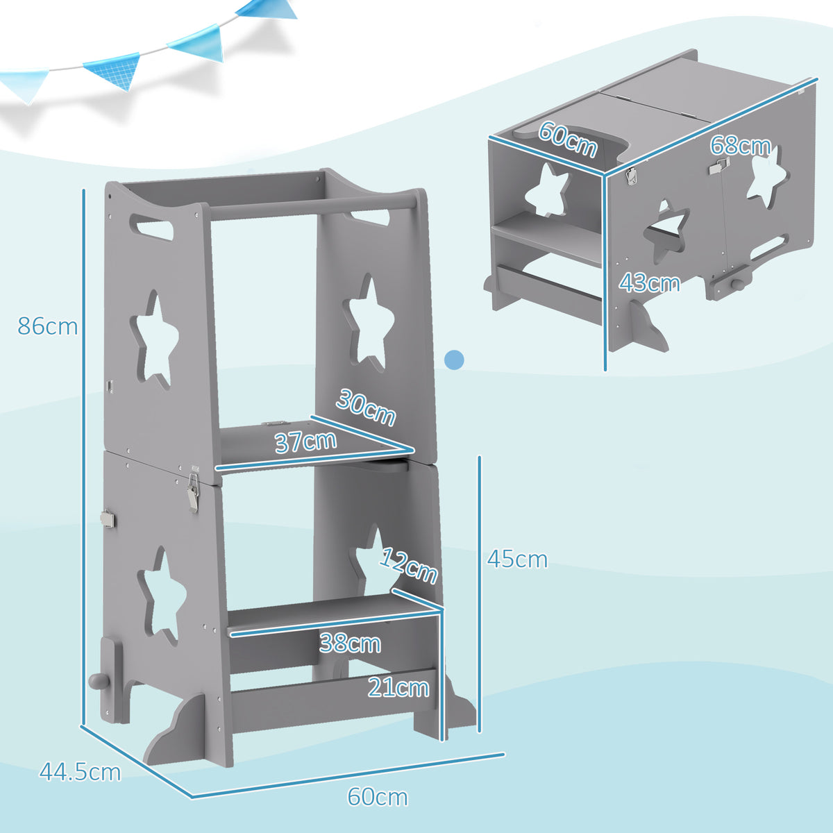 Grey step stool with safety rail, side view showing two tiers and star cutouts
