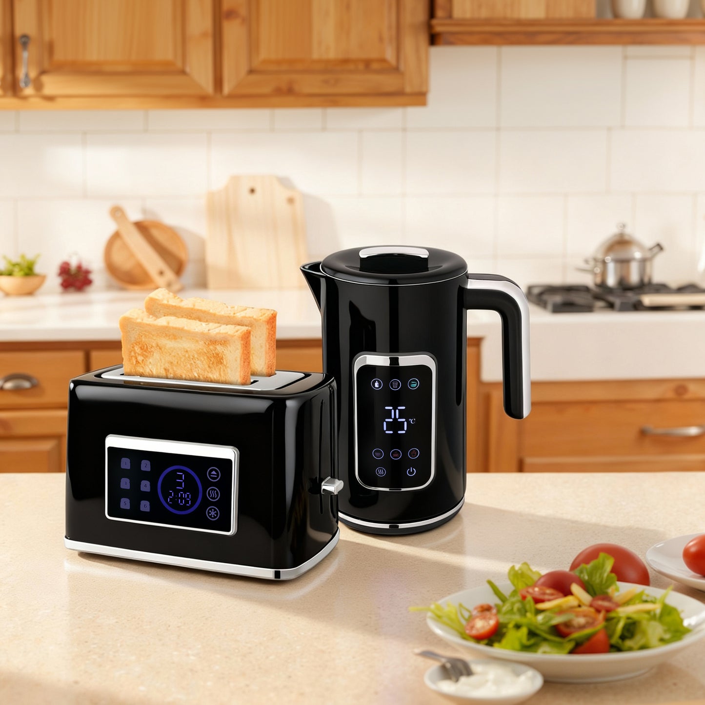 HOMCOM Touch Screen Kettle And Toaster Set Black With 3000W Fast Boil 1.7L Kettle And Six Temperature Presets