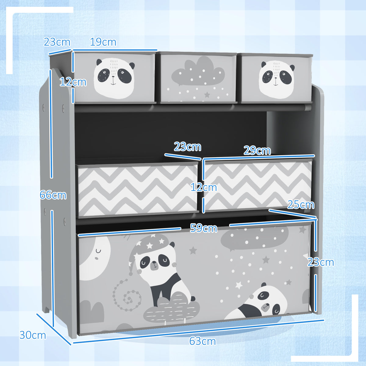 Kids storage unit with six fabric bins, grey frame, panda panels and chevron bin