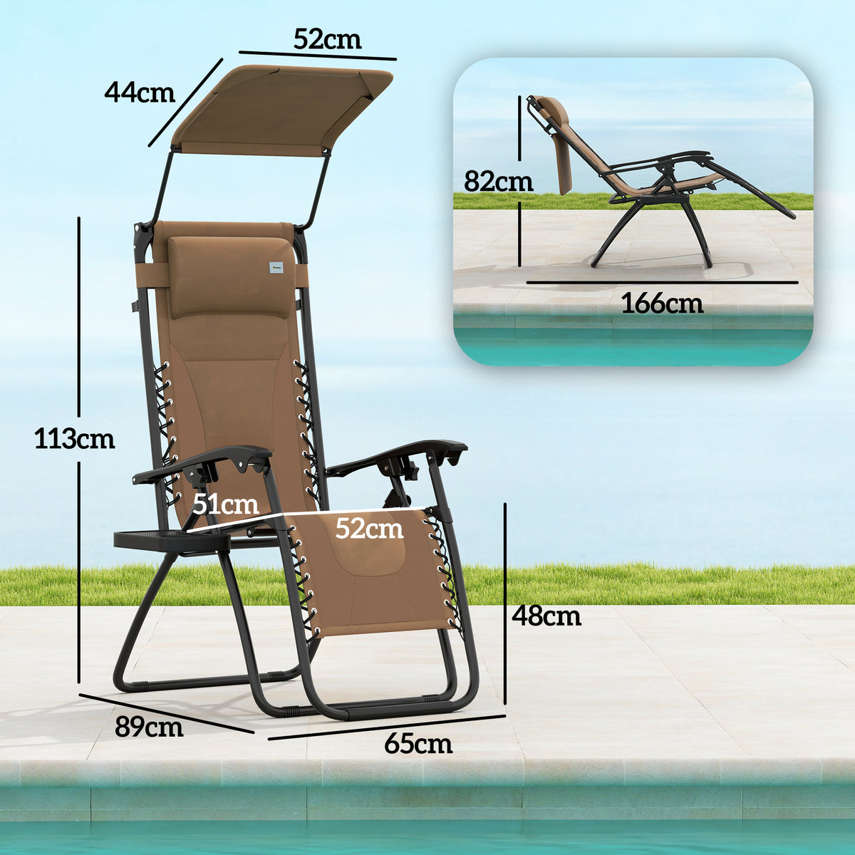Set of 2 zero-gravity folding lounge chairs with tan fabric seat and black frame, shade canopy.