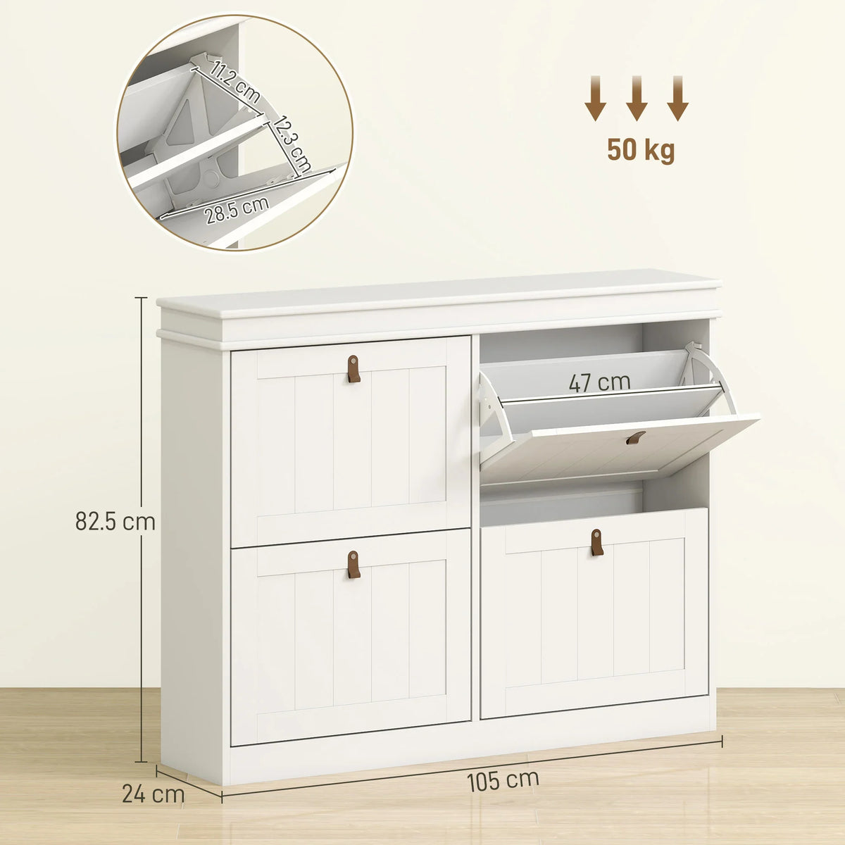 White shoe cabinet with open flip drawers and adjustable shelf space for shoes.