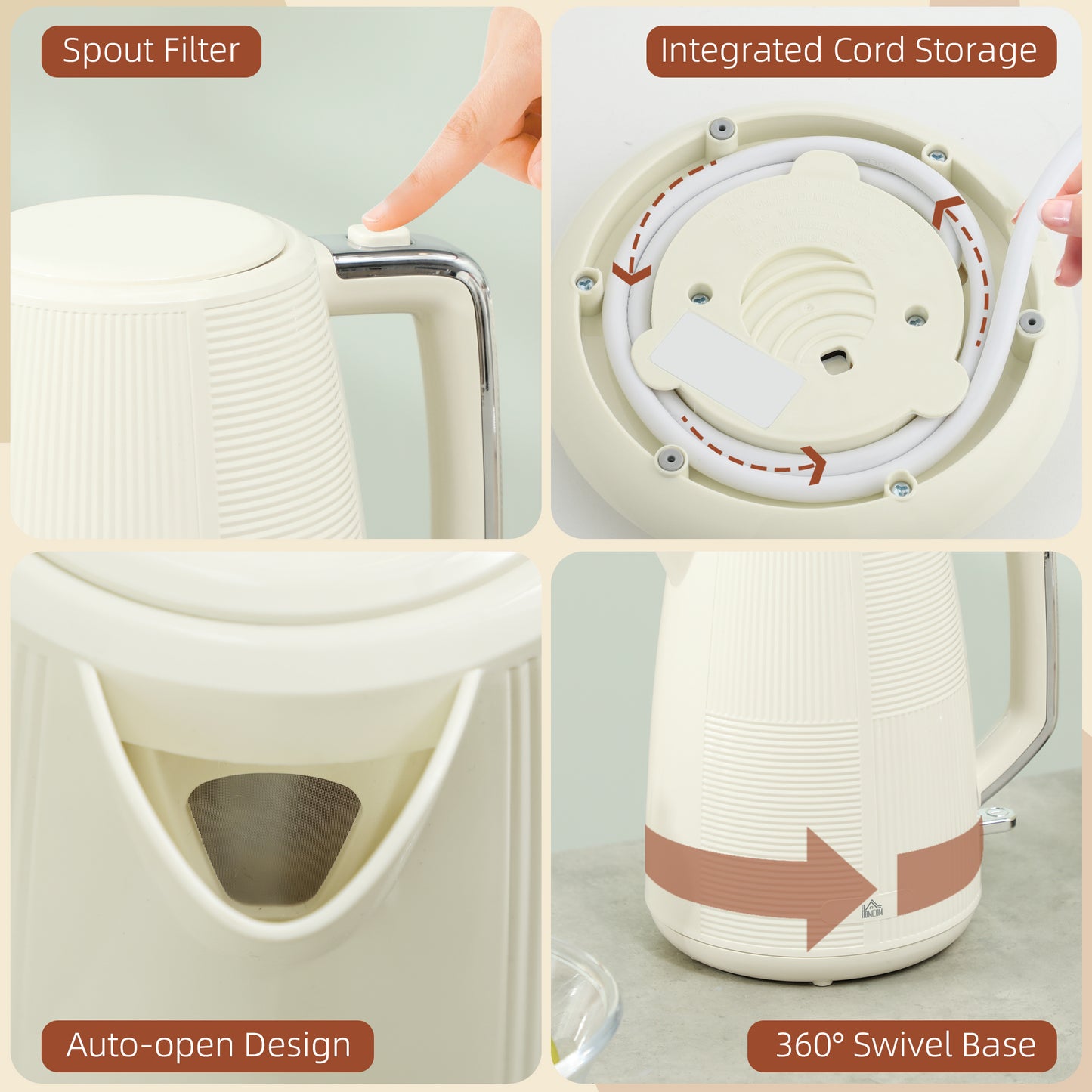 HOMCOM Cream Kettle And Toaster Set 1.7L 3000W Fast Boil Kettle With 7 Level Browning Defrost Reheat Auto Shutoff