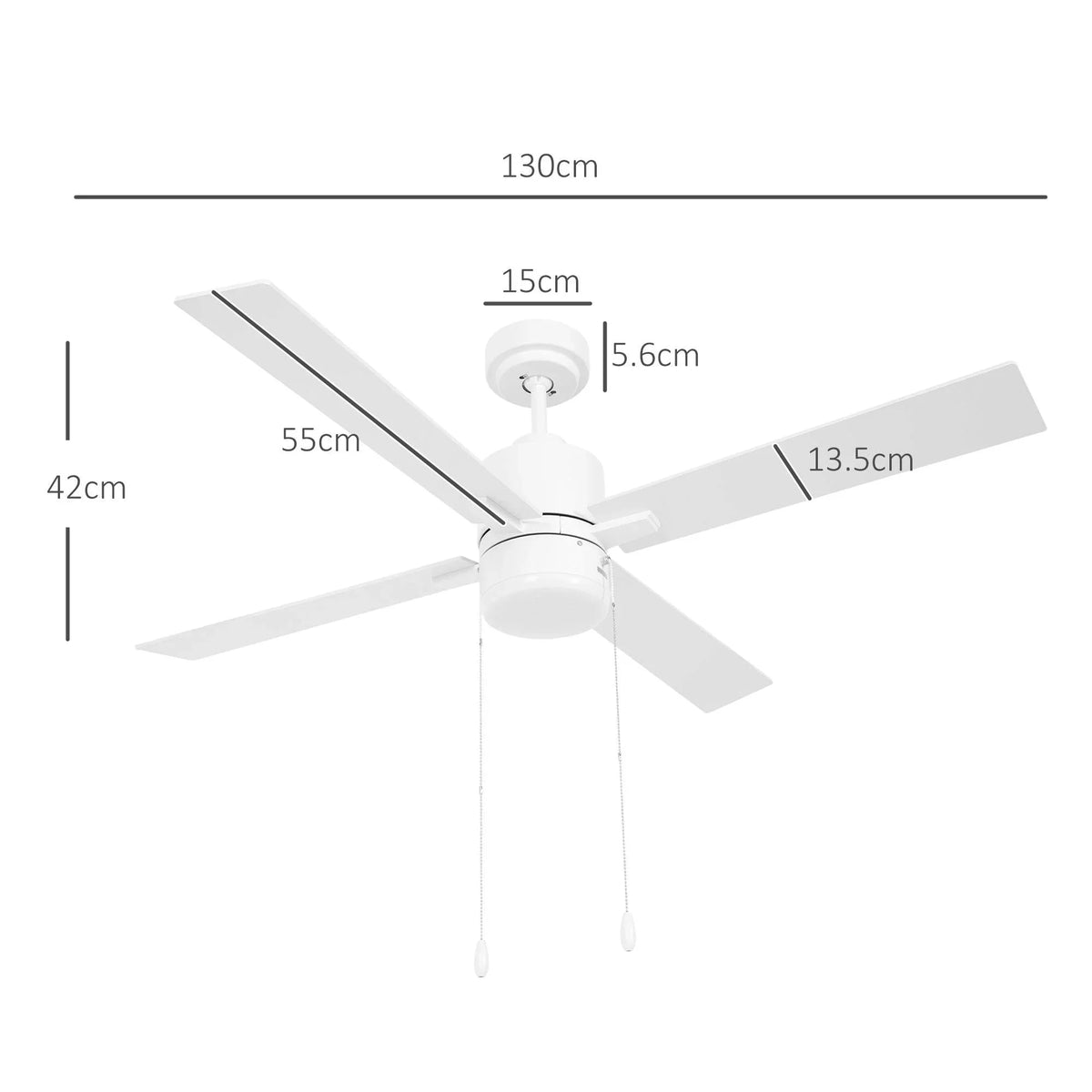 White ceiling-mounted LED fan with four blades, dimension diagram and pull chain cord