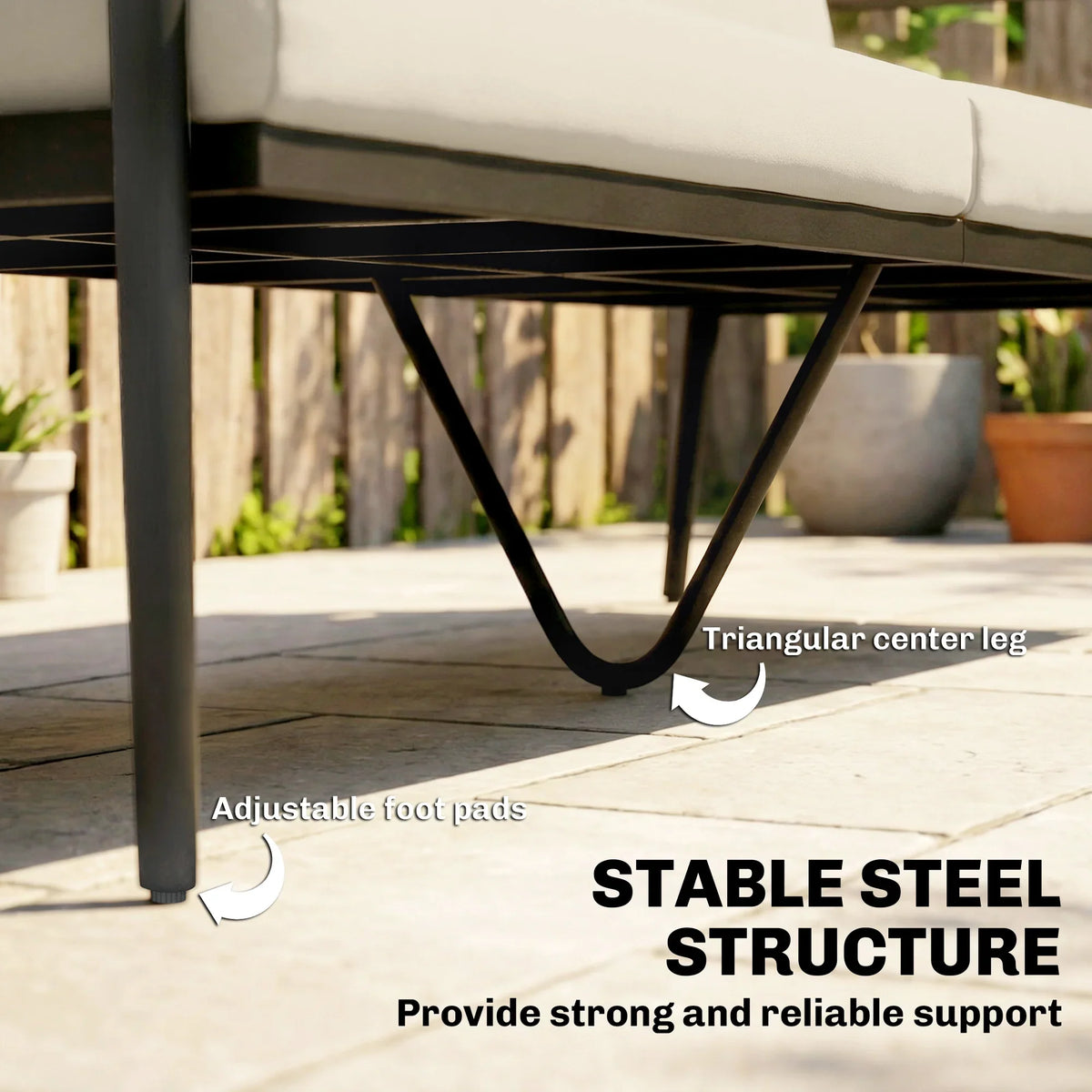 Outdoor sofa frame with triangular center leg and adjustable foot pads