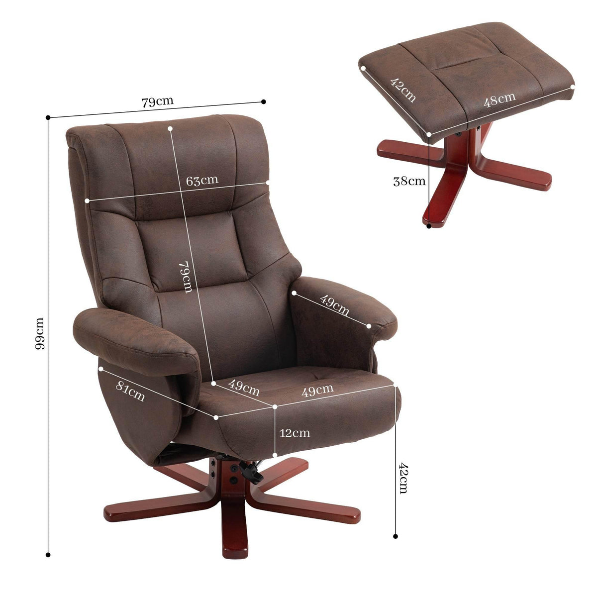 Dark brown faux leather reclining chair with matching ottoman, padded arms and seat