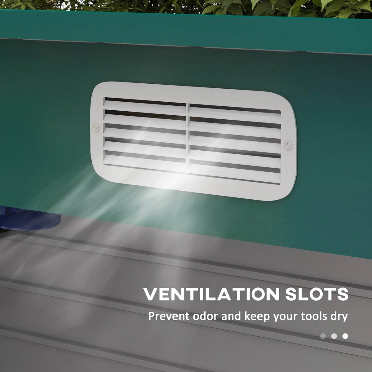 White vent grille and ventilation slots on a green galvanized steel shed panel