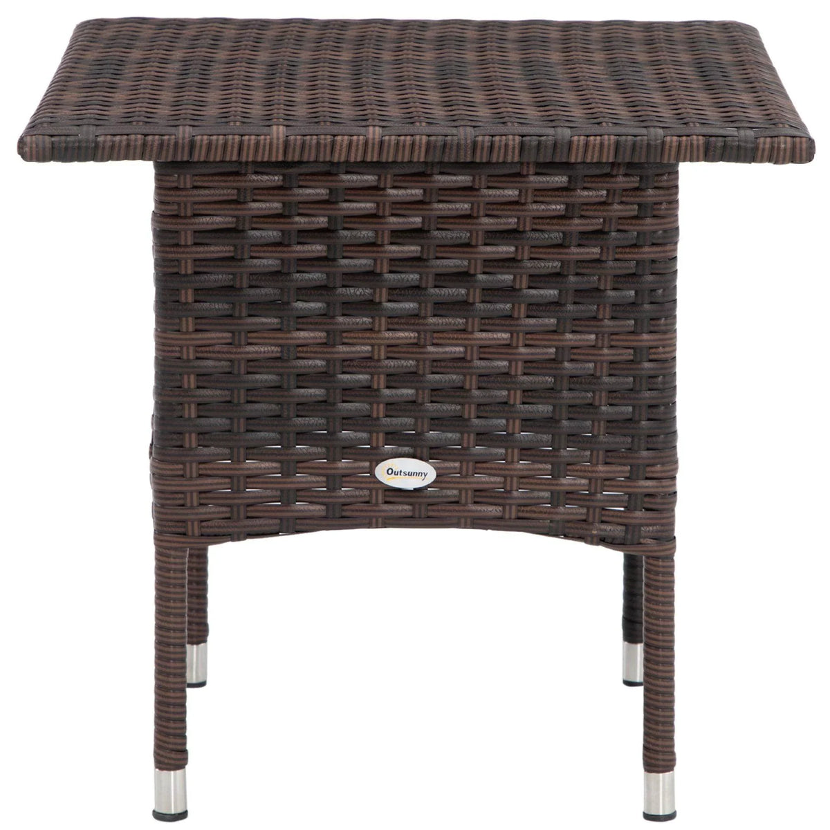 Dark brown woven rattan side table with flat top and metal legs