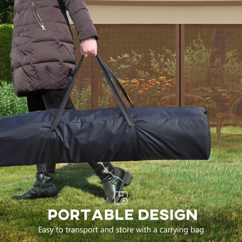 Folded portable gazebo in a carry bag, held by a person by the handle.