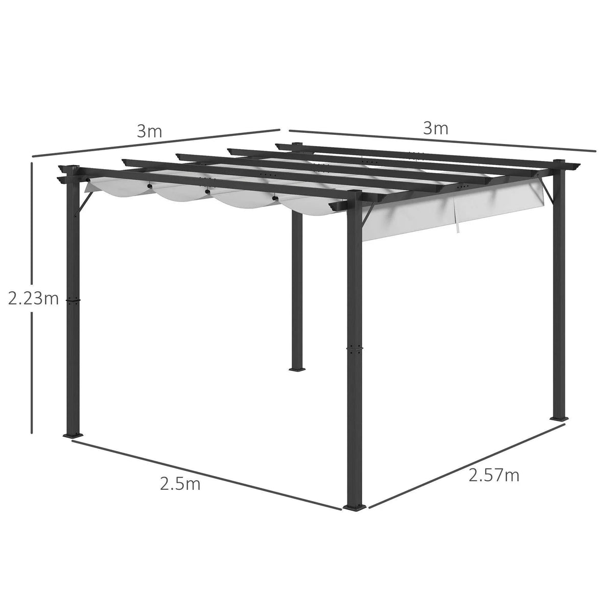 Aluminum pergola frame with light grey retractable canopy and four sturdy corner posts