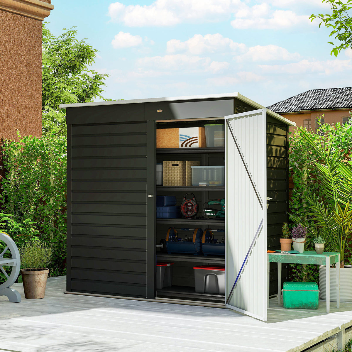 Dark grey metal garden storage shed with open double doors, interior shelving visible