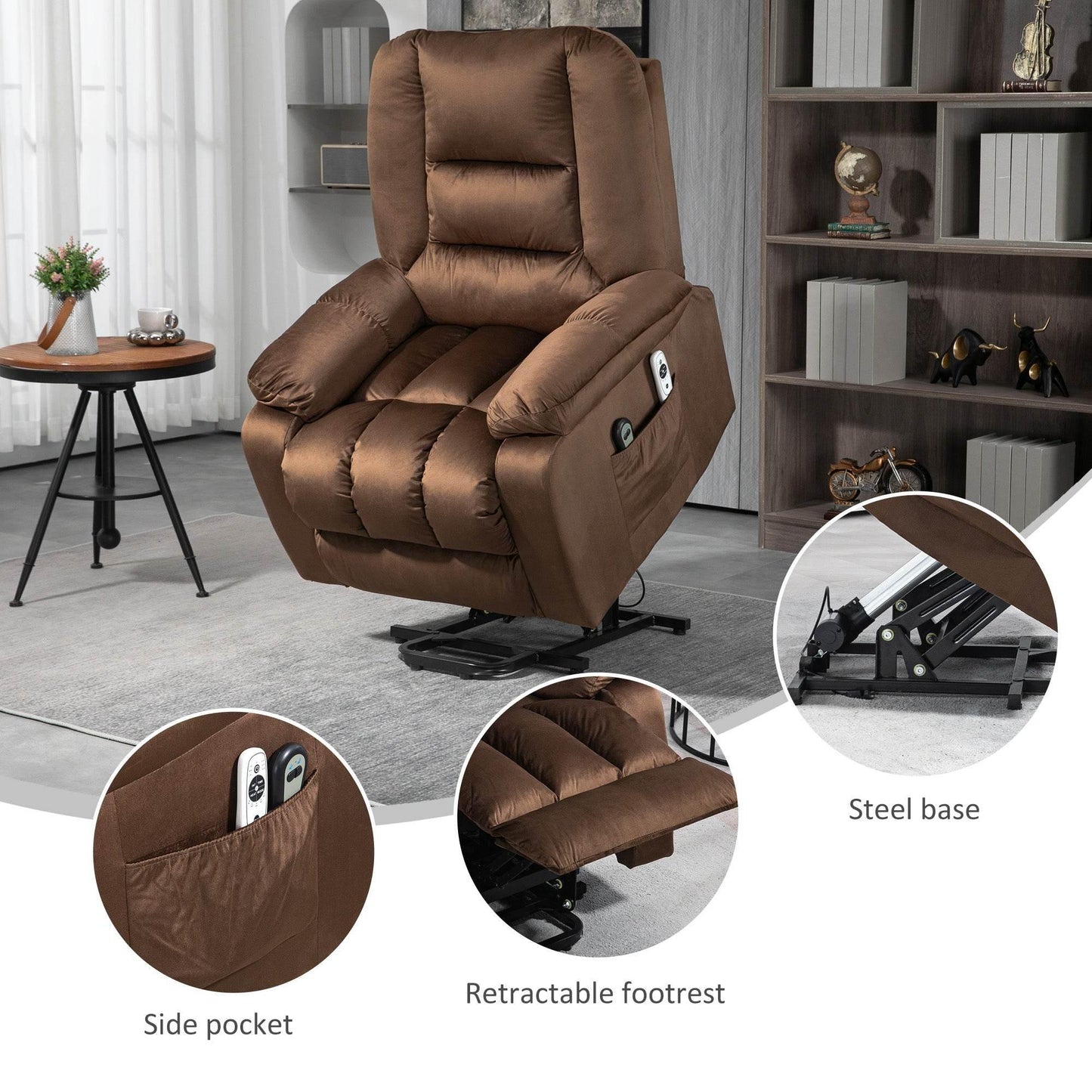 HOMCOM Electric Lift Recliner Chair with Massage and Heat - Quick Assembly, Brown Velvet - ALL4U RETAILER LTD
