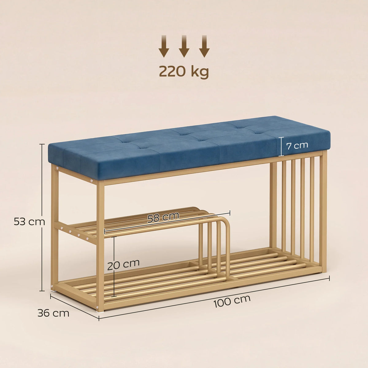 Blue tufted bench with gold-tone slatted sides and two-tier shoe storage rack