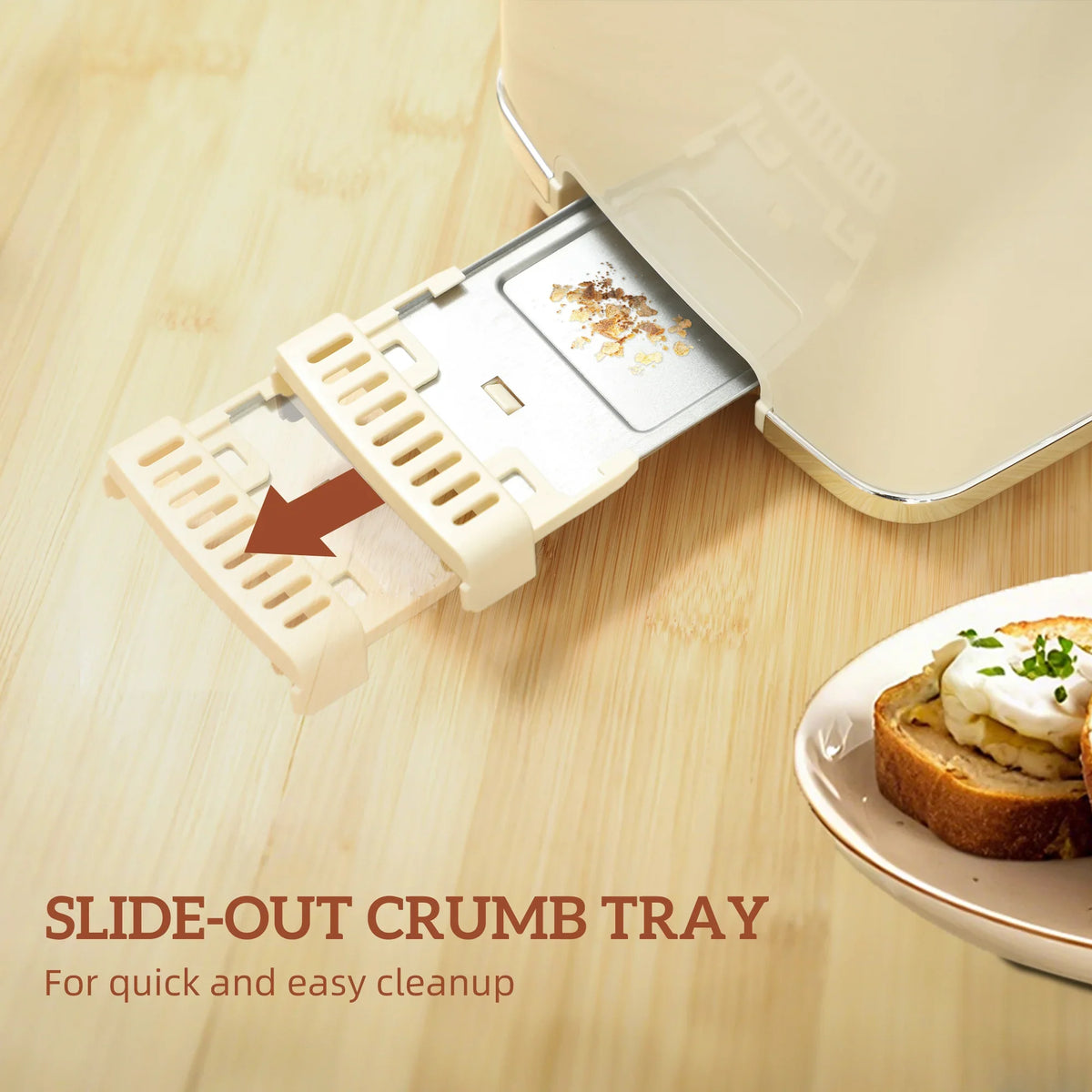 Cream toaster with slide-out crumb tray extended for easy cleanup