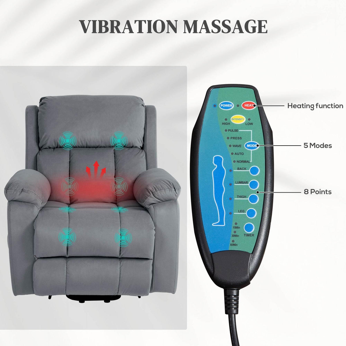Grey lift recliner armchair with heating and vibration massage points