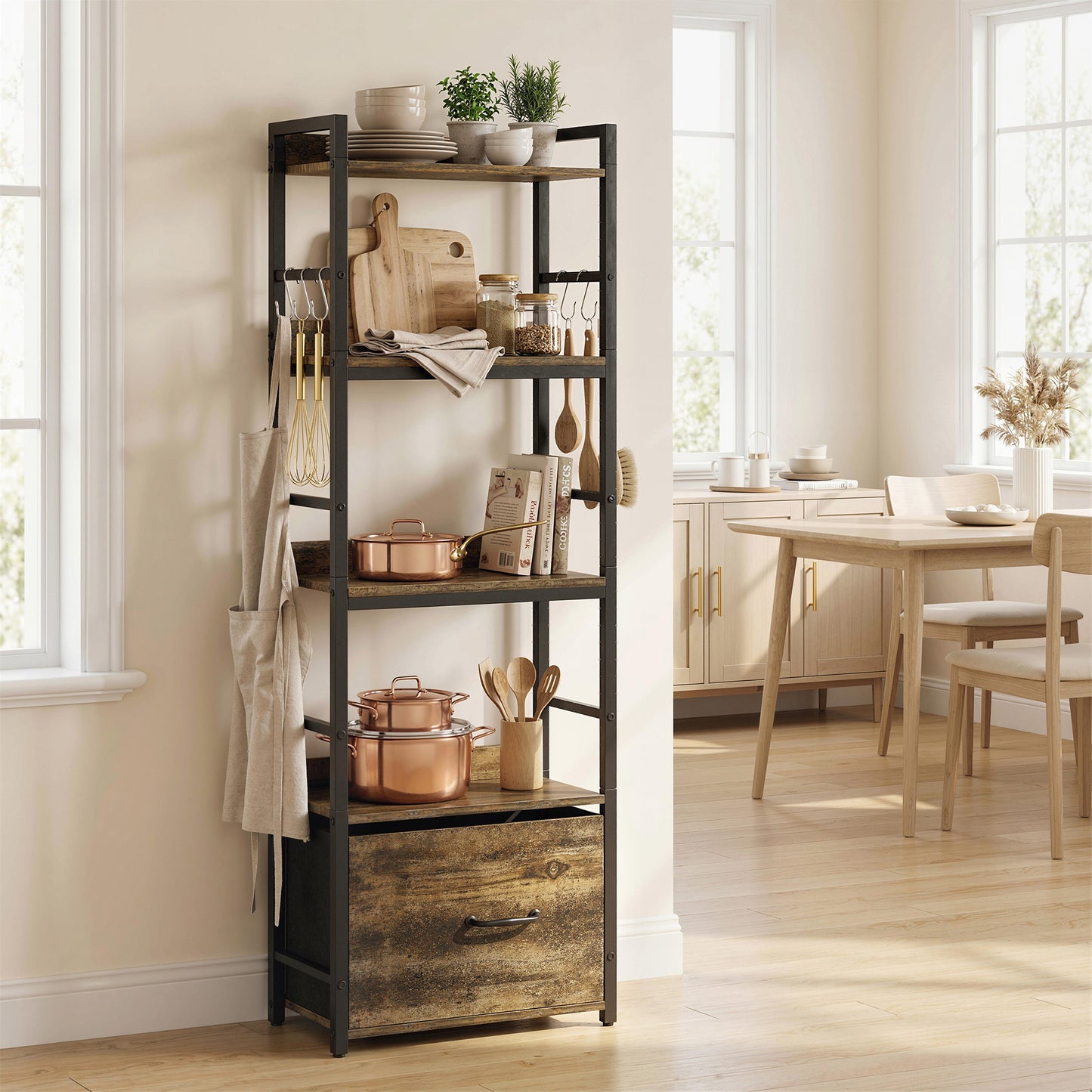 HOMCOM 4 Tier Narrow Bookshelf with Drawer and 8 Hooks, Metal Frame, Rustic Brown Finish