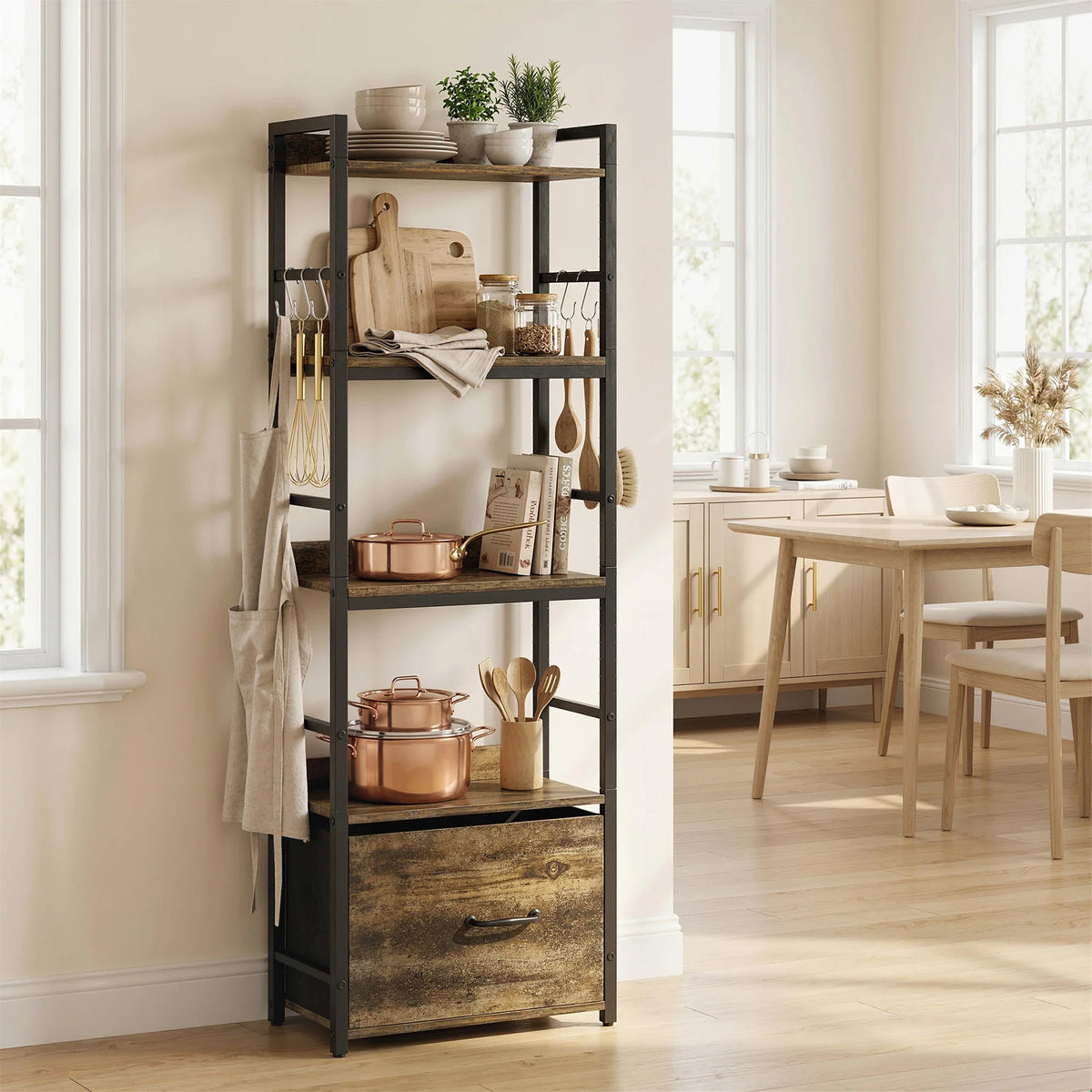 Narrow 4-tier bookshelf with drawer and hooks, rustic brown top and dark metal frame