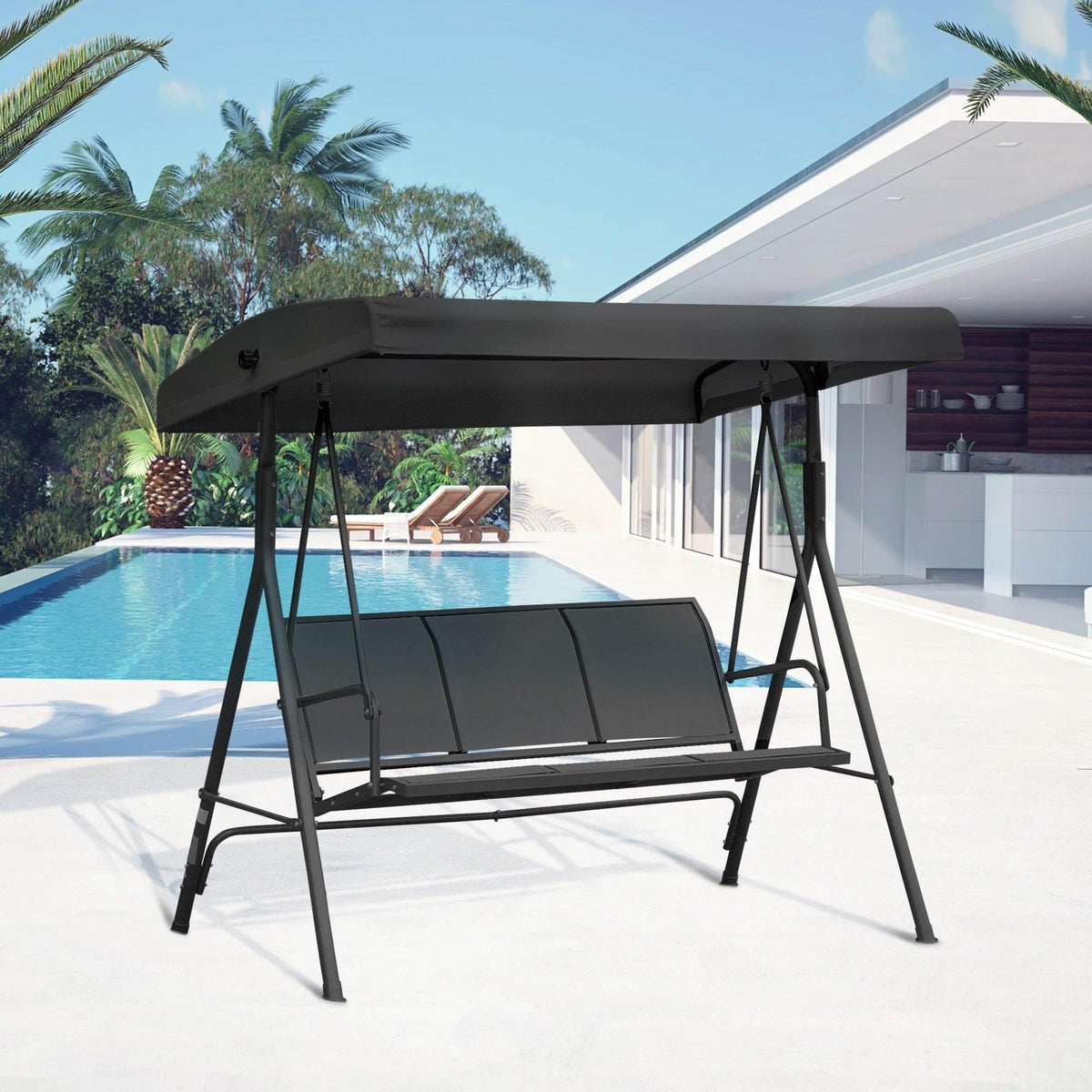 Black three-seater garden swing chair with overhead canopy and padded seat cushions