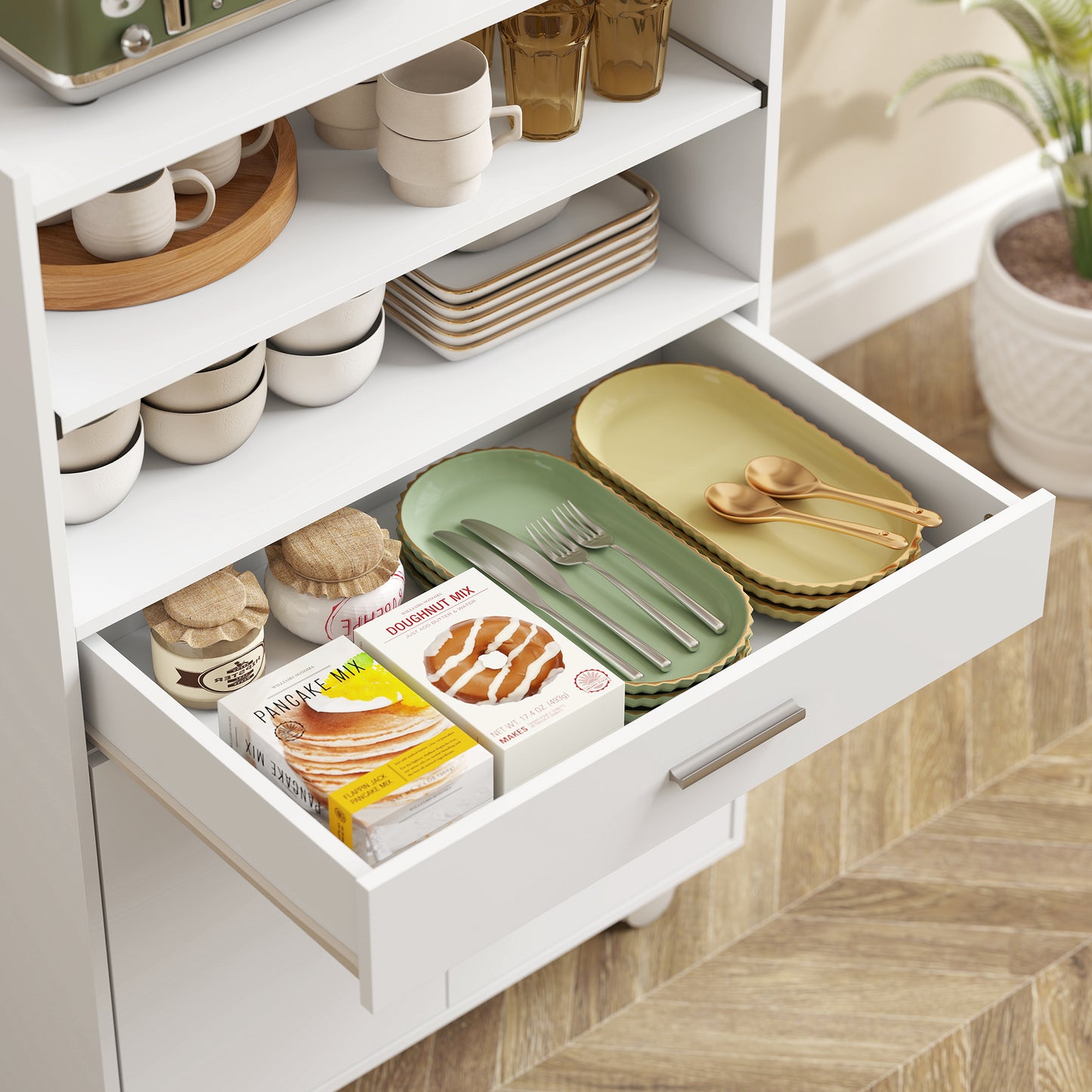 Homcom Kitchen Trolley With Wheels Mobile Microwave Stand With Slide Out Shelf Drawer And Two Doors For Dining Room