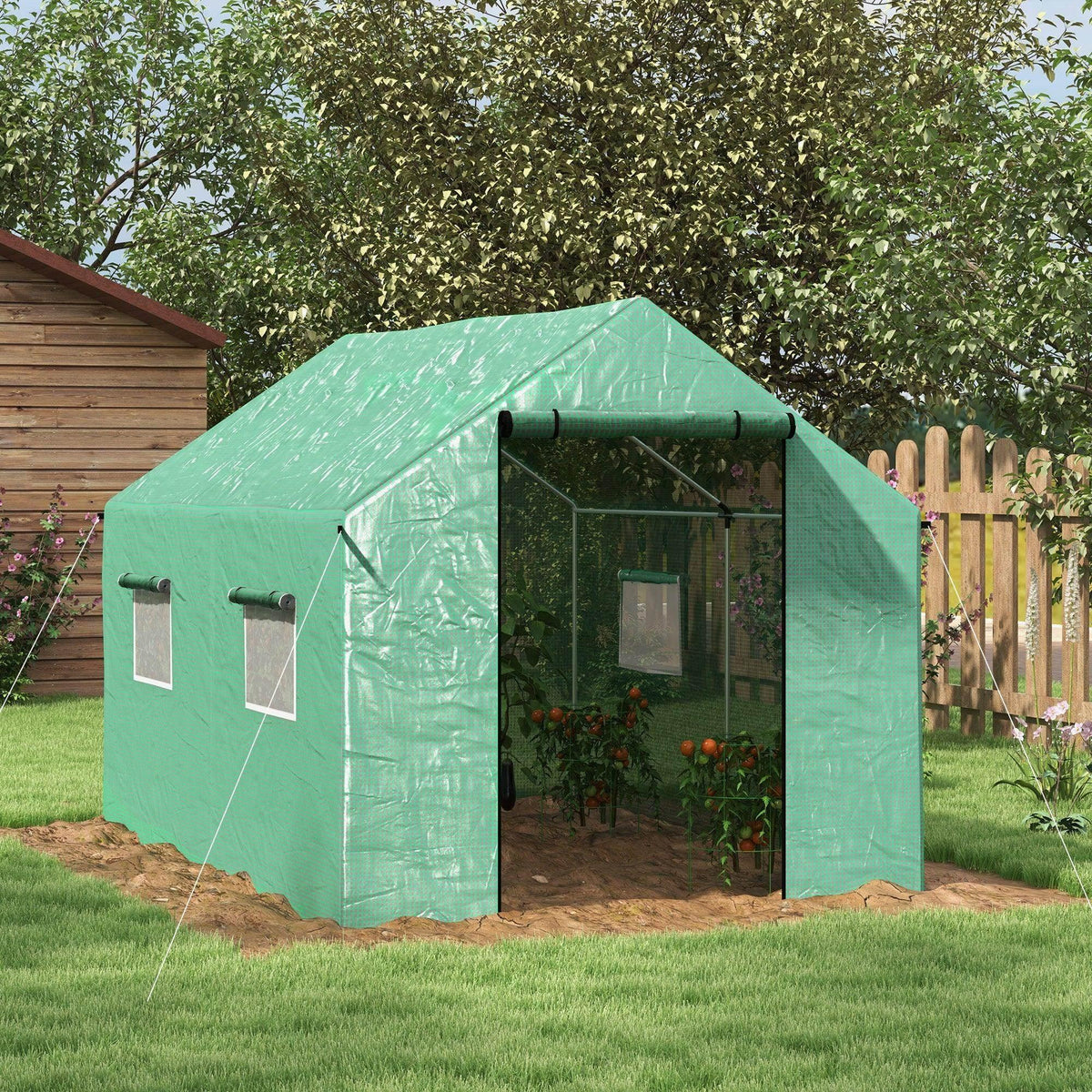 Green walk-in polytunnel greenhouse with front doorway and side mesh panels